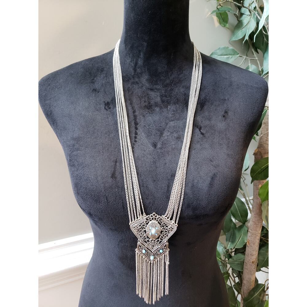 Women's Vintage Boho Statement Necklace Silver Tone Chain with Turquoise Stones